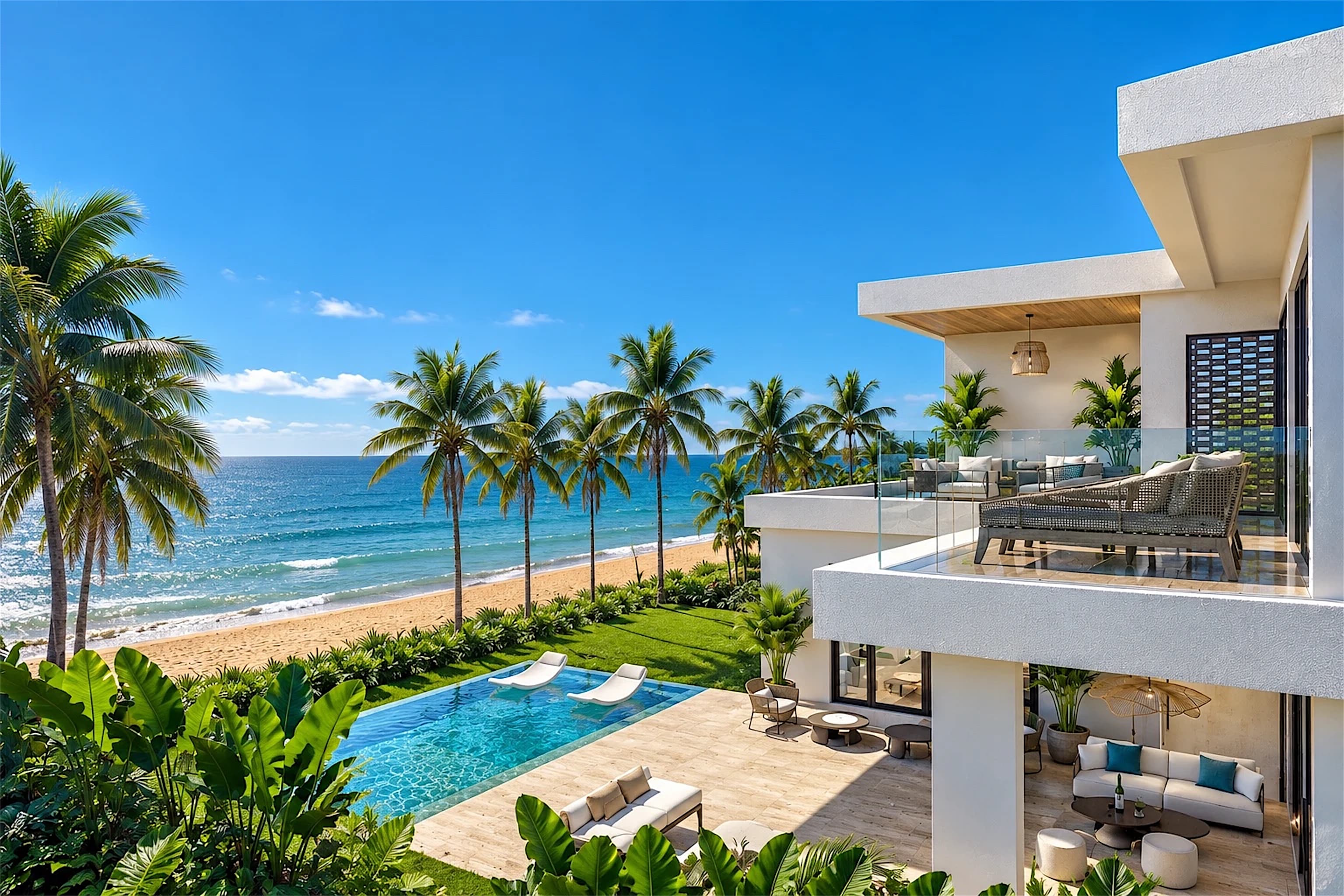 View from a Cana Alta terrace over the pool and garden to the beach and the ocean