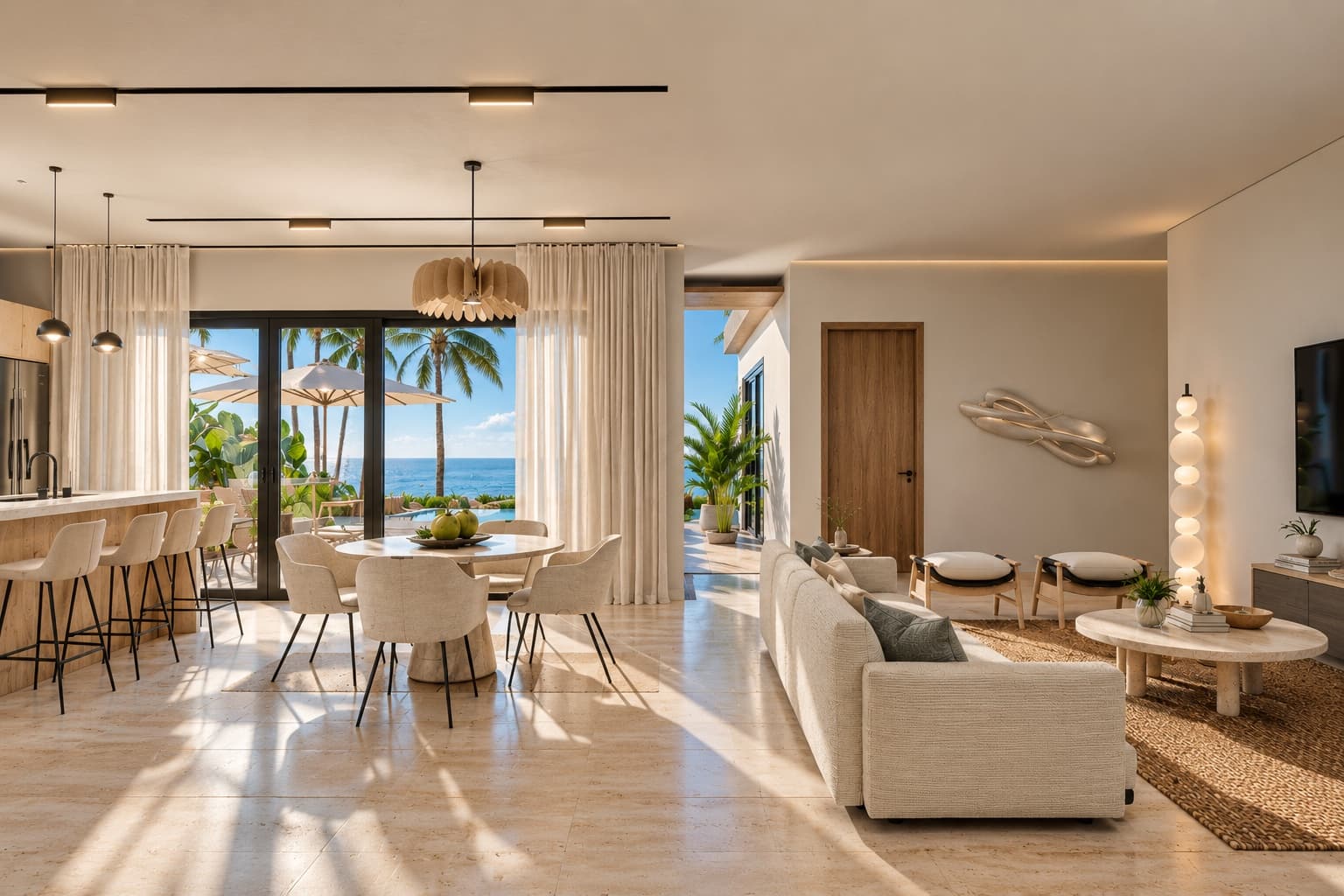 Living, dining and the kitchen island.