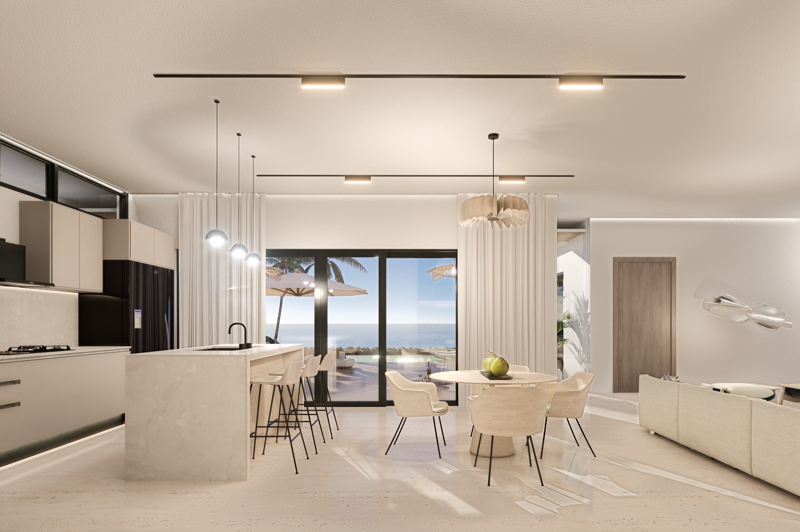 Kitchen and dining, doors open.