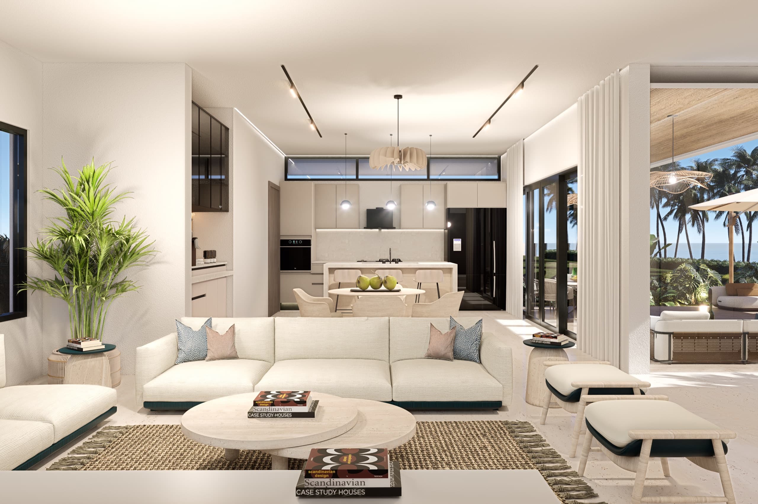 Living room and kitchen island.
